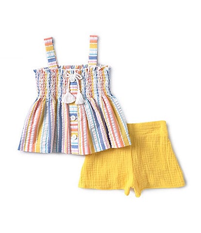 Bonnie Jean Little Girls 2T-4T Sleeveless Striped Smocked Seersucker Tank Top & Solid Gauze Shorts Set