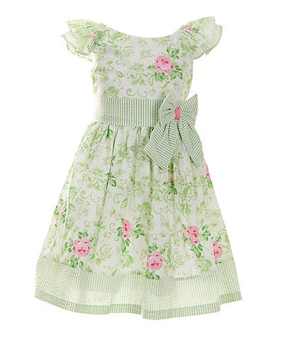 Bonnie Jean Little Girls 2T-6X  Short Double Ruffle Sleeve Floral and Stripe Trim Dress With Matching Hat