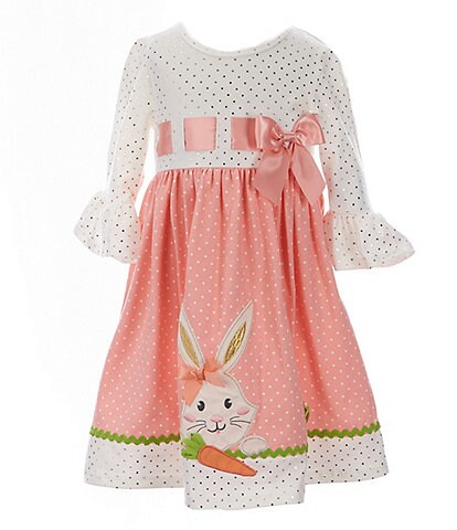 Bonnie Jean Little Girls 2T-6X Bell-Sleeve Dotted/Solid Easter Bunny Applique Empire-Waist Dress