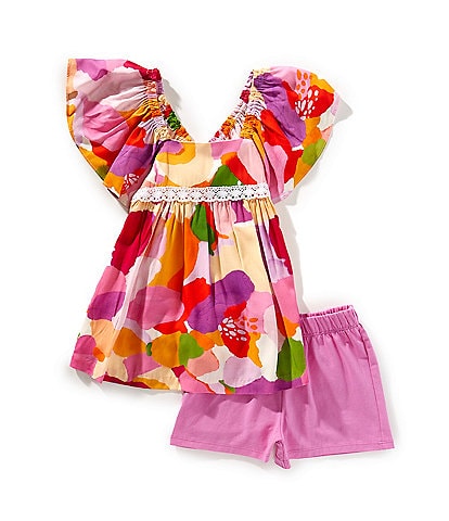 Bonnie Jean Little Girls 2T-6X Bell Sleeve Peasant Top With Lace Trim & Solid Knit Short