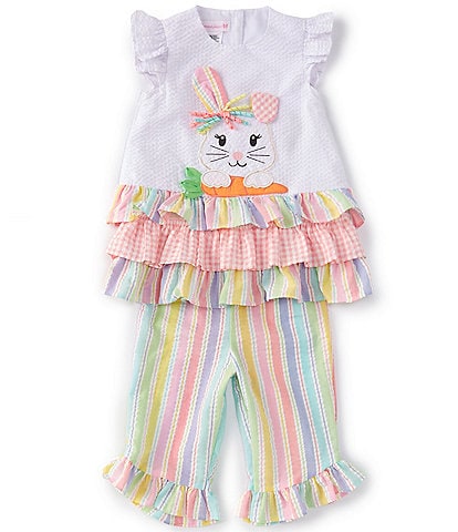 Bonnie Jean Little Girls 2T-6X Cap-Sleeve Easter Bunny Seersucker Fit-And-Flare Dress & Striped Seersucker Pant Set