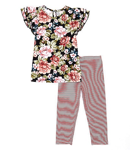 Bonnie Jean Little Girls 2T-6X Floral  Print Triple Ruffle Short Sleeve & Stripe Legging 2-Piece Set