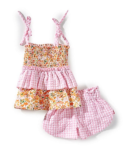 Bonnie Jean Little Girls 2T-6X Floral Print Smocked Peplum Tank Top & Gingham Shorts Set