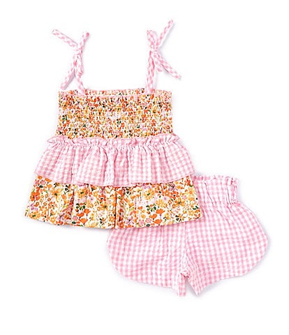 Bonnie Jean Little Girls 2T-6X Floral Print Smocked Peplum Tank Top & Gingham Shorts Set