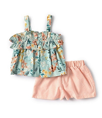 Bonnie Jean Little Girls 2T-6X Floral Printed Ruffle Trimmed Linen Blend Tank Top & Checked Shorts Set