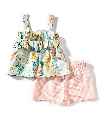 Bonnie Jean Little Girls 2T-6X Floral Printed Ruffle Trimmed Linen Blend Tank Top & Gingham Shorts Set