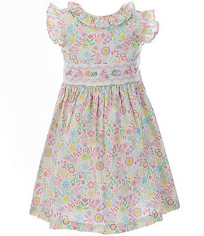 Bonnie Jean Little Girls 2T-6X Flutter-Sleeve Easter Bunny/Floral-Print Smocked Dress