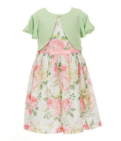Bonnie Jean Little Girls 2T-6X Flutter-Sleeve Knit Cardigan & Sleeveless Floral-Printed Metallic Lace Fit & Flare Dress Set
