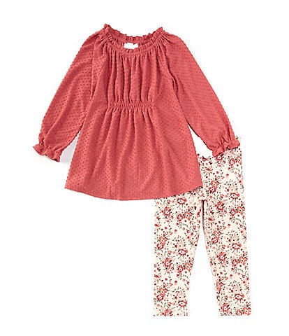 Bonnie Jean Little Girls 2T-6X Long-Sleeve Clip-Dot Tunic Top & Floral-Printed Leggings Set