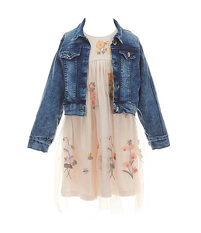 Bonnie Jean Little Girls 2T-6X Long Sleeve Denim Jacket & Floral-Embroidered Mesh Dress Set