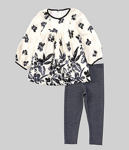 Bonnie Jean Little Girls 2T-6X Long Sleeve Floral-Border-Printed Gauze Top & Denim-Look Knit Leggings Set