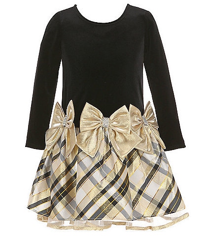 Bonnie Jean Little Girls 2T-6X Long Sleeve Velvet/Plaid Taffeta Fit & Flare Dress