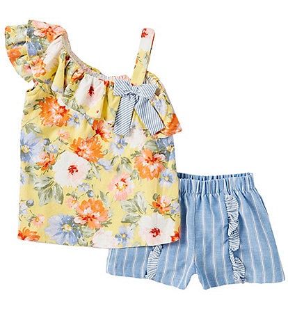 Bonnie Jean Little Girls 2T-6X One-Shoulder Floral Printed Top & Striped Shorts Set