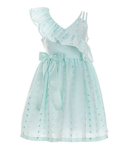Bonnie Jean Little Girls 2T-6X One Shoulder Ruffle Neck Eyelet Dress with Matching Hat