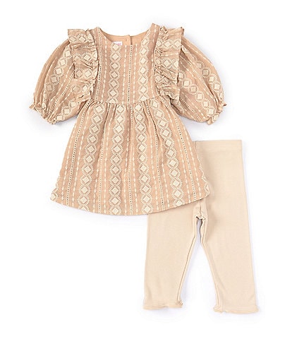 Bonnie Jean Little Girls 2T-6X Puffed Sleeve Embroidered Linen-Look Pinafore Dress & Ribbed Capri Leggings Set