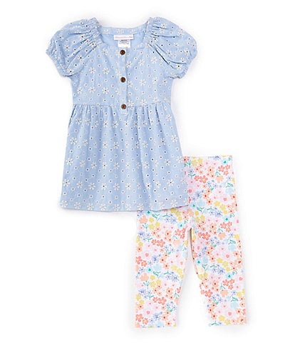 Bonnie Jean Little Girls 2T-6X Puffed-Sleeve Eyelet-Embroidered Fit-And-Flare Dress & Ditsy-Floral-Printed Knit Leggings Set