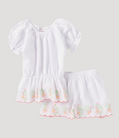 Bonnie Jean Little Girls 2T-6X Puffed Sleeve Floral-Embroidered Hem Seersucker Top & Shorts Set