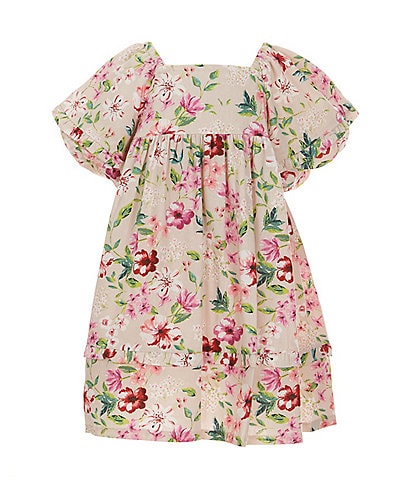 Bonnie Jean Little Girls 2T-6X Puffed-Sleeve Floral-Printed Empire-Waist Linen-Blend Dress