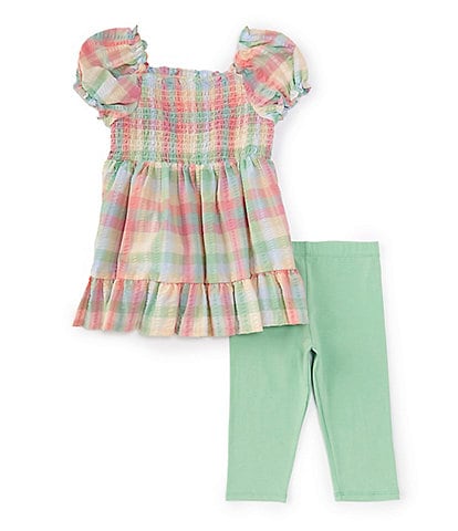 Bonnie Jean Little Girls 2T-6X Puffed-Sleeve Plaid Seersucker Fit-And-Flare Dress & Solid Knit Capri Leggings Set