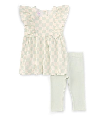 Bonnie Jean Little Girls 2T-6X Ruffle-Sleeve Checked Woven Gauze Pinafore Dress & Solid Knit Capri Leggings Set