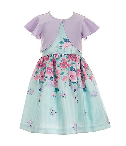 Bonnie Jean Little Girls 2T-6X Short Flutter Sleeve Solid Knit Cardigan & Reverse Floral Border Dress