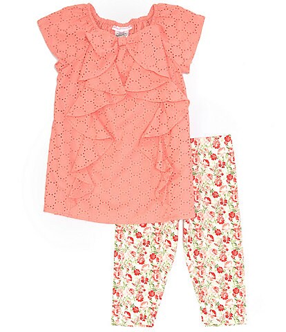 Bonnie Jean Little Girls 2T-6X Short-Sleeve Eyelet-Embroidered Ruffled Tunic Top & Floral-Printed Capri Leggings Set