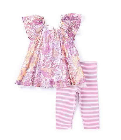 Bonnie Jean Little Girls 2T-6X Short Sleeve Floral Mesh Flyaway Top & Striped Knit Capri Leggings