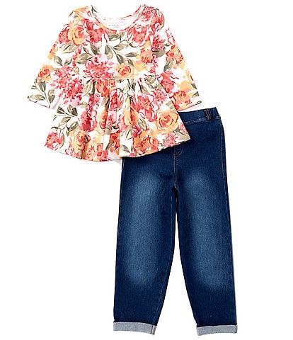 Bonnie Jean Little Girls 2T-6X Short Sleeve Floral Print Top & Roll-Up Cuff Jeans Set