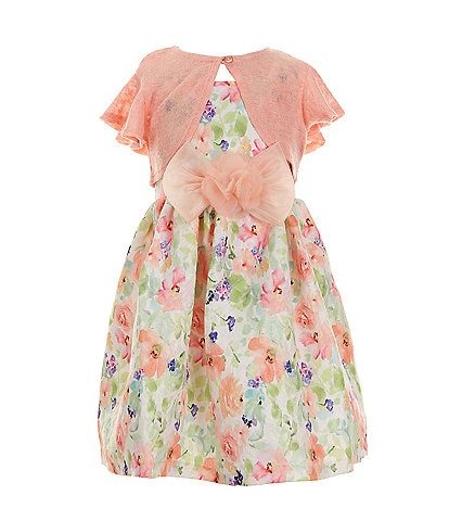 Bonnie Jean Little Girls 2T-6X Short Sleeve Knit Cardigan & Watercolor-Floral Jacquard Dress