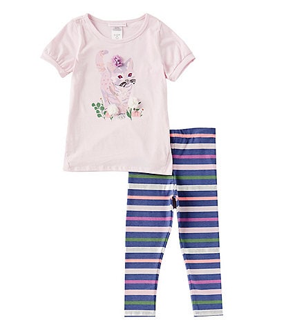 Bonnie Jean Little Girls 2T-6X Short-Sleeve Sequin-Embellished Glitter-Accented Cat Print T-Shirt & Striped Leggings Set