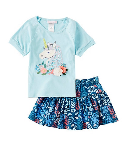 Bonnie Jean Little Girls 2T-6X Short Sleeve Unicorn Face Applique T-Shirt & Printed Skort Set