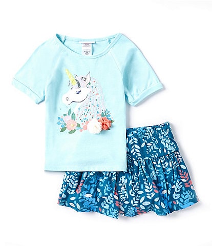 Bonnie Jean Little Girls 2T-6X Short Sleeve Unicorn Face Applique T-Shirt & Printed Skort Set