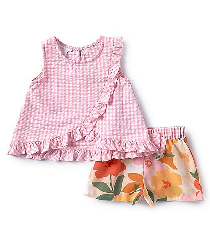 Bonnie Jean Little Girls 2T-6X Sleeveless Checked Asymmetrical-Ruffled Top & Floral-Printed Shorts Set