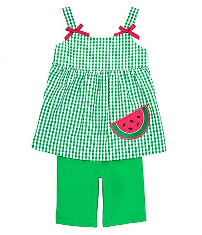 Bonnie Jean Little Girls 2T-6X Sleeveless Checked Watermelon-Applique Seersucker Tunic Top & Solid Knit Bike Shorts Set