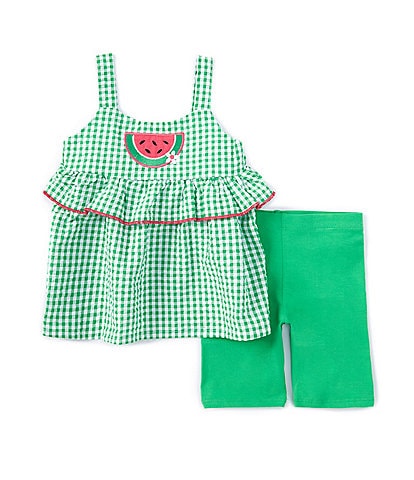 Bonnie Jean Little Girls 2T-6X Sleeveless Checked Watermelon Appliqued Seersucker Tunic Top & Solid Knit Bike Shorts Set