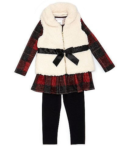 Bonnie Jean Little Girls 2T-6X Sleeveless Faux-Fur Vest, Long Sleeve Printed Tunic Top & Solid Leggings Set