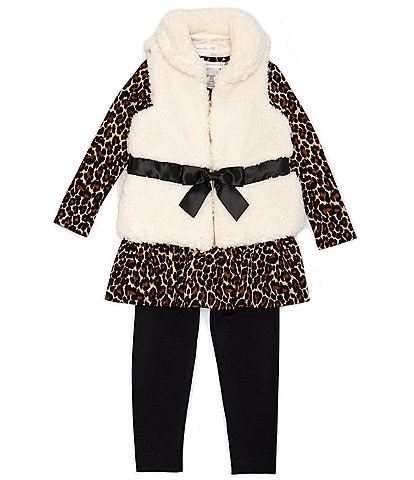 Bonnie Jean Little Girls 2T-6X Sleeveless Faux-Fur Vest, Long Sleeve Printed Tunic Top & Solid Leggings Set
