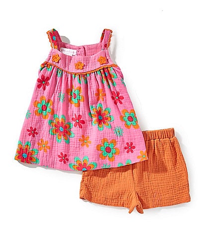 Bonnie Jean Little Girls 2T-6X Sleeveless Flower Printed Gauze Tunic Top & Solid Gauze Shorts Set