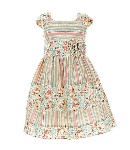 Bonnie Jean Little Girls 2T-6X Sleeveless Mixed-Media Floral/Striped Seersucker Fit-And-Flare Dress