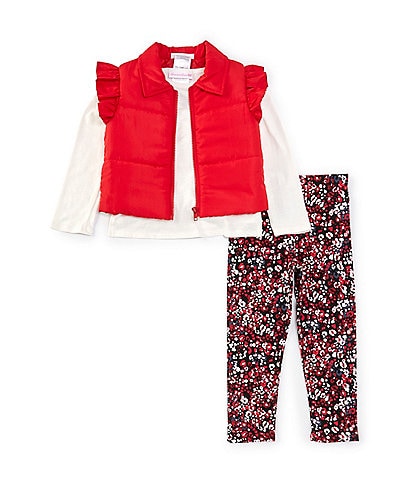 Bonnie Jean Little Girls 2T-6X Solid Flutter-Sleeve Puffer Vest, Long Sleeve Stretch Knit Top & Printed Leggings Set