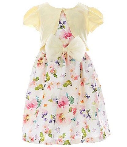 Bonnie Jean Little Girls 2T-6X Solid Short-Sleeve Cardigan & Sleeveless Watercolor-Floral Jacquard Fit-And-Flare Dress