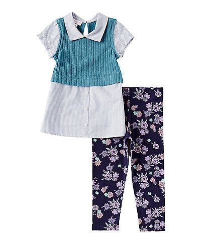 Bonnie Jean Little Girls 2T-6X Solid Sweater Vest, Short-Sleeve Pinstriped Woven Shirt & Floral-Printed Knit Leggings Set