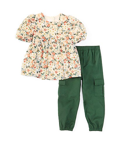 Bonnie Jean Little Girls 4-6X Balloon-Sleeve Floral-Embroidered Chiffon Tunic Top & Solid Knit Cargo Pant Set