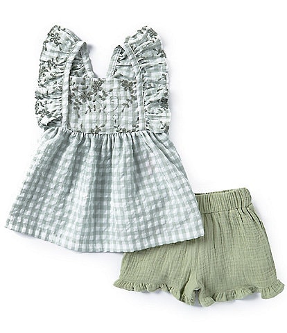 Bonnie Jean Little Girls 4-6X Flutter-Sleeve Checked/Embroidered Woven Tunic Top & Solid Gauze Shorts Set