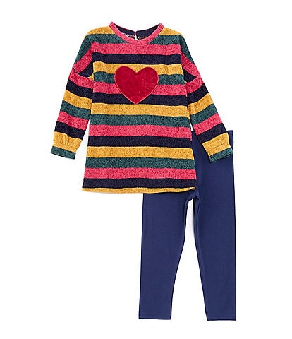 Bonnie Jean Little Girls 4-6X Long-Sleeve Striped Heart-Applique Chenille Tunic Top & Solid Knit Leggings Set