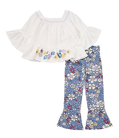 Bonnie Jean Little Girls Flutter-Sleeve Floral-Hem Gauze Top & Floral-Printed Flare-Leg Leggings Set