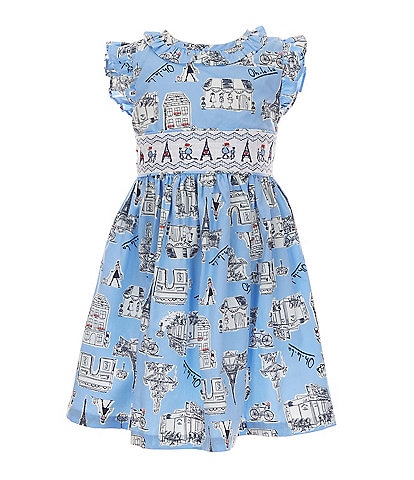Bonnie Jean Little Girls Flutter Sleeve Paris-Themed Print Fit & Flare Poplin Dress