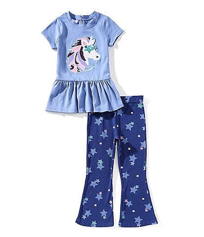 Bonnie Jean Little Girls Short-Sleeve Unicorn-Appliqued Tunic Top & Printed Flare-Leg Leggings Set