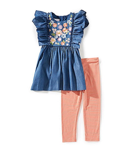 Bonnie Jean Little Girls Sleeveless Pinafore-Ruffled Floral-Embroidered Fit-And-Flare Denim Dress & Striped Knit Leggings Set