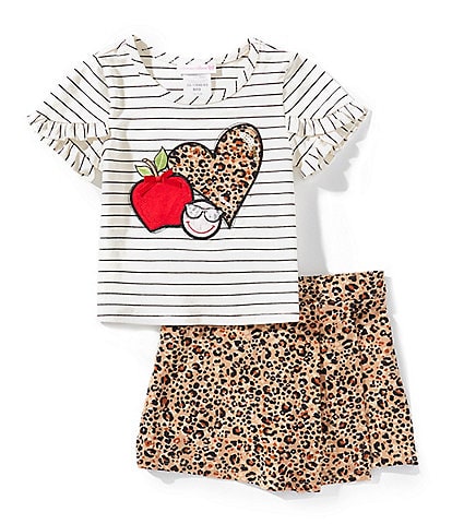 Bonnie Jean Little Girls Striped Short Sleeve Heart/Apple/Smiley Face Motif T-Shirt & Animal-Printed Skort Set